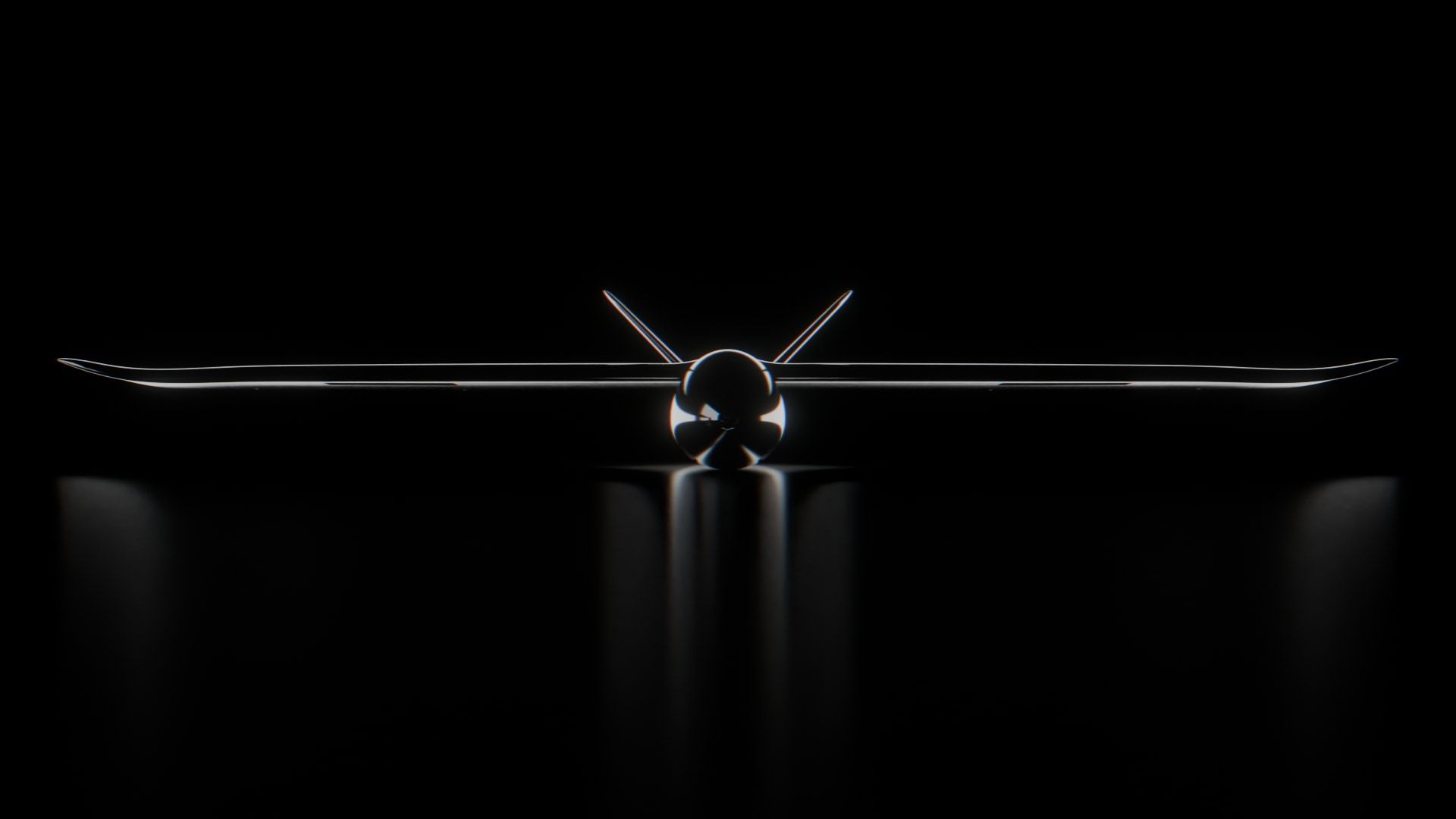 AeroForest fixed-wing drone, front view in dark setting